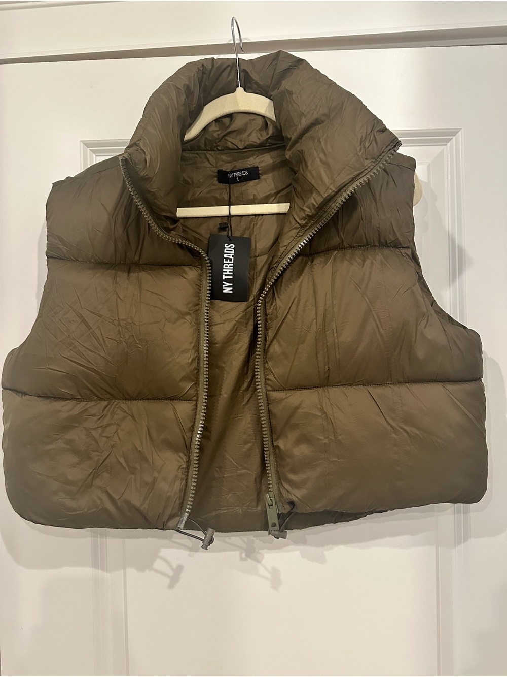 NY Threads Olive Crop Puffer Vest - Women's Sleeveless Jacket